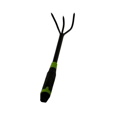 Long-handled three-pronged garden cultivating rake