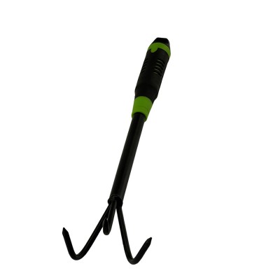 Long-handled three-pronged garden cultivating rake