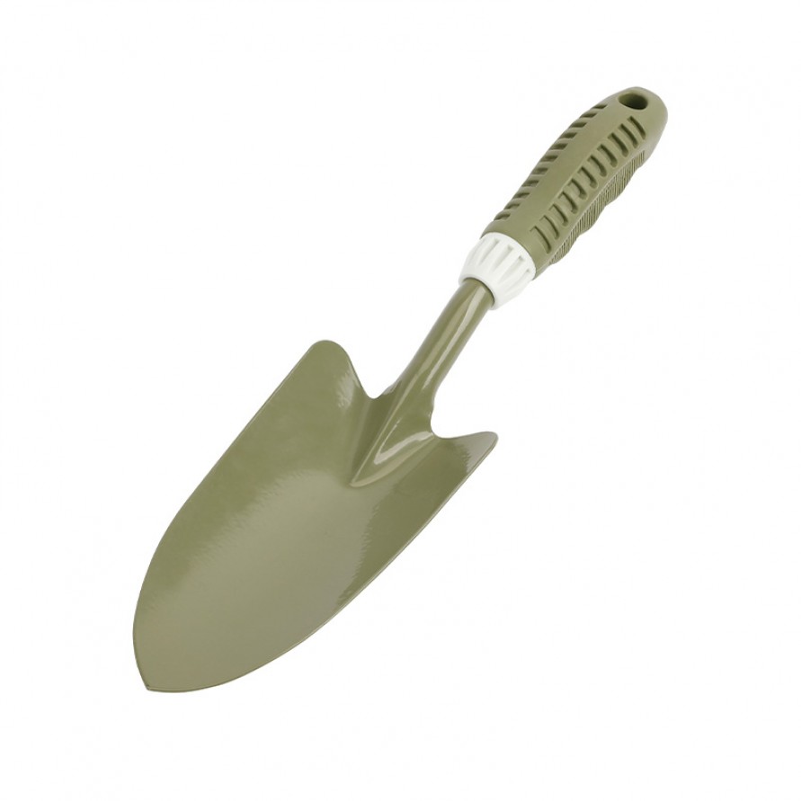 Durable carbon steel gardening shovel with wooden handle